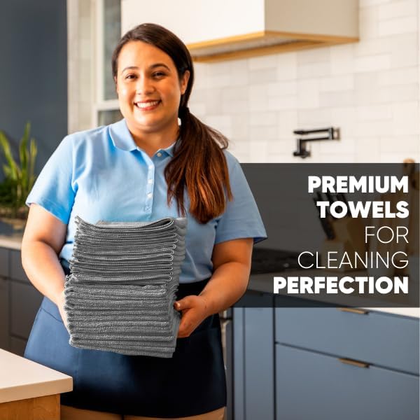 MW Pro Microfiber Cleaning Cloths (12 Pack) | Size 16" x 16"| All Purpose Microfiber Towels - Clean, Dust, Polish, Scrub, Absorbent (Gray)