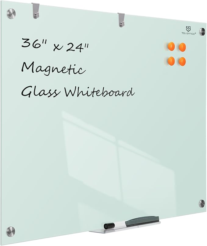 TSJ OFFICE Glass Dry-Erase Board - 36 x 24 Inches Wall Mounted Whiteboard with Magnetism, Large Frameless Glass White Board for Office, Home & School