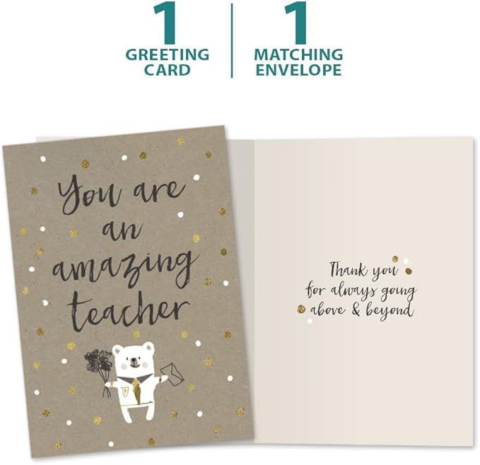 Tree-Free Greetings Teacher Appreciation Cards - Artful Designs - 1 Card + Matching Envelopes - Made in USA - 100% Recycled Paper - 5"x7" - Heartfelt, For Teacher, An Amazing Teacher (GO64417)