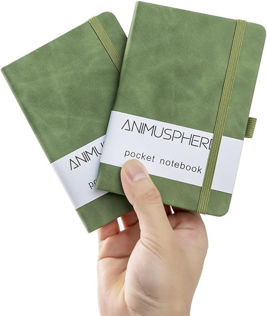 2Pack Pocket Notebook Small Notebook Journal Notebook 4 inches x 5.7 inches 200 Pages Leather Cover With Pen Holder Page Marker Ribbons(Green)