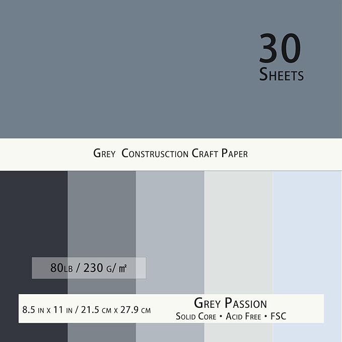 Black Grey Cardstock 8.5 x 11 Craft Paper Cover Stock- Gray Construction Art Scrapbook Paper 80lb for DIY Crafts, Embossing, Quilling, Cardmaking-30 Sheets