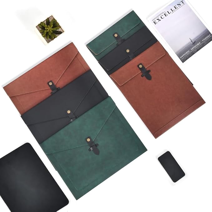 Black Leather File Folder Letter Size, File Organizer, Important Document Folders with Pockets, Document Organizer, Laptop Sleeve Notebook Case, Paper Storage, A4 Envelopes Filing Folder 3PCS