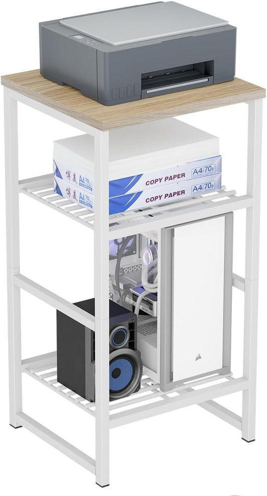 3-Tier Heavy-Duty Printer Stand – Multi-Functional Office Organizer with Wood Top, Perfect for Desk Underneath Storage,White with Burlywood Board