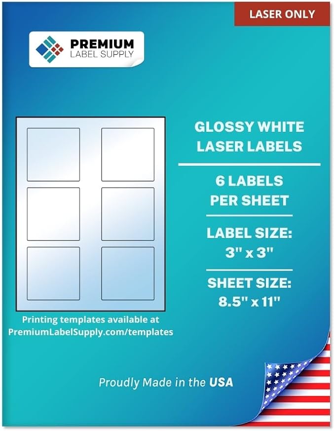 Premium Label Supply Glossy White Square Sticker Labels – 3" x 3" – (6 per Sheet) (Glossy White for Laser Only, 3,000 Labels)