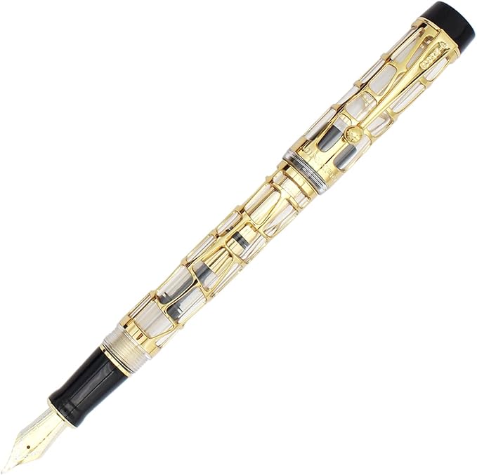 Gullor Century 100 Fountain Pen, Skeleton Hollow-out Series Golden, Screw-Cap, Fine Nib, Transparent