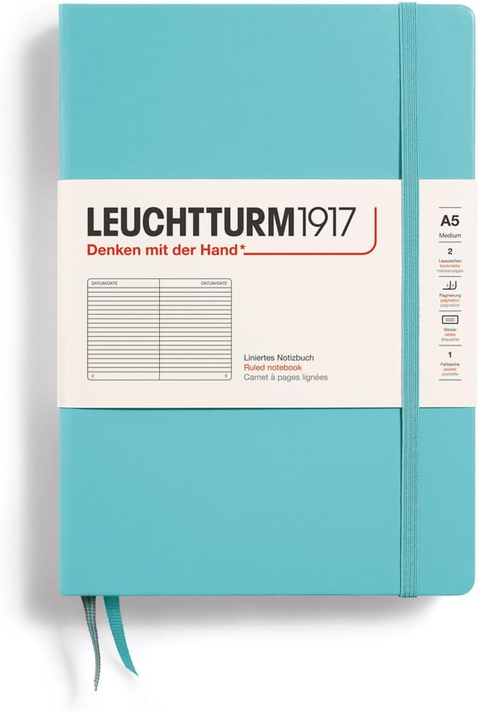 LEUCHTTURM1917 - Notebook Hardcover Medium A5-251 Numbered Pages for Writing and Journaling (Aquamarine, Ruled)