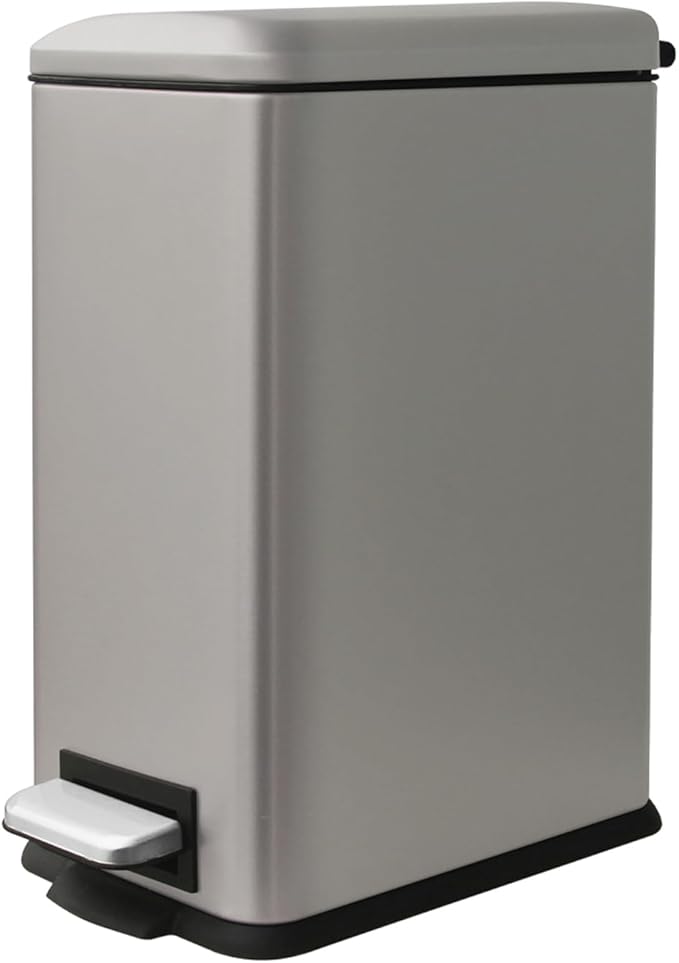 Grey Trash Can, 2.6 Gallon Bathroom Trash Can with Lid, Stainless Steel Garbage Can with Removable Liner, 10 Liter Rectangle Step Trash Bin for Office, Kitchen, Bedroom, Living Room, Dorm