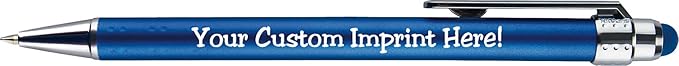 Personalized Pens with Stylus Tip -Bright Vibes- Click action - Custom - Black writing - Printed Name pens - Imprinted with Your Logo or Message - FREE PERSONALIZATION - 12 Pens/Box (Blue)
