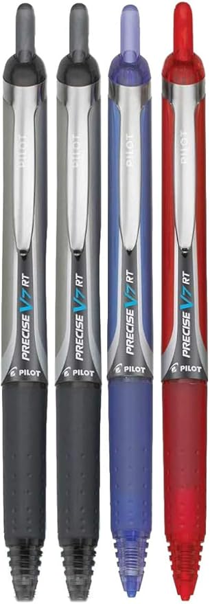 Precise V7 RT Retractable Rolling Ball Pens, Fine Point (.7mm), Assorted Colors Black/Blue/Red Ink, 4-pk; Premium Comfort Grip, Bundle with Plastic Reusable Pouch