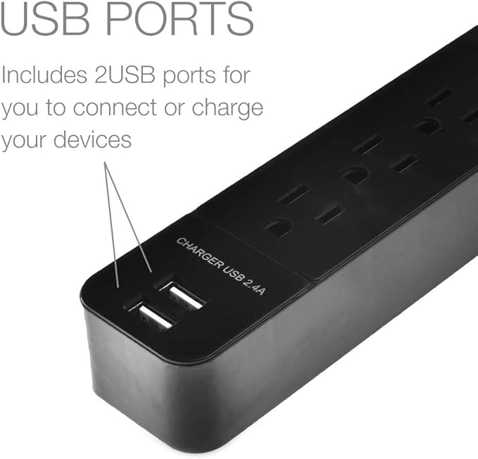 Digital Energy 6-Outlet + 2 USB 1050 Joule Surge Protector Power Strip with 15-Ft Long Extension Cord, Black, UL Listed