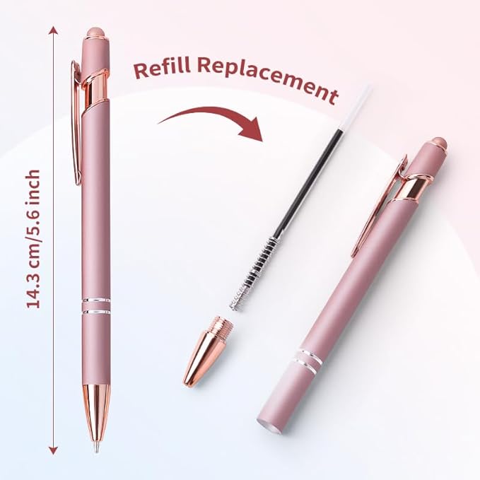 8 Pack Rose Ballpoint Pen with Stylus Tip, Metal Stylus Pens for Touch Screens, 1.0 mm Black Ink