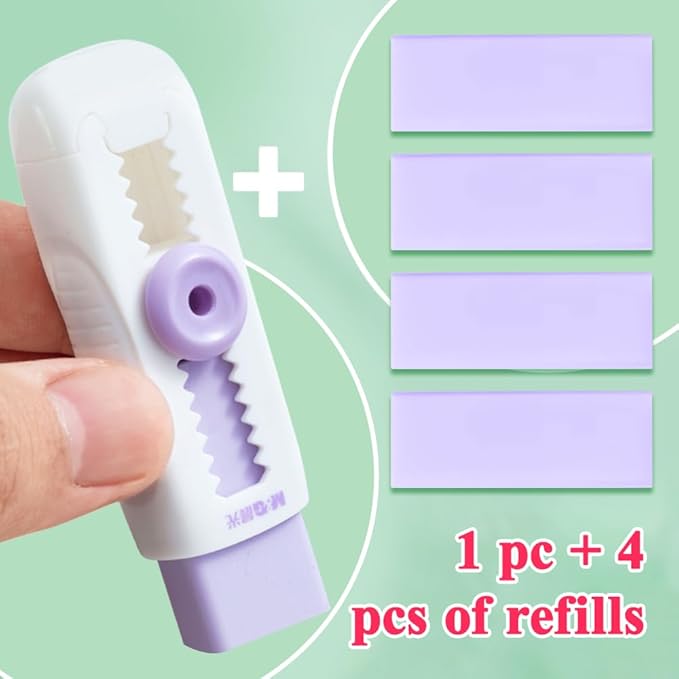 M&G 4+1 Pack Rubber Erasers Sliding Retractable Eraser, Soft Cute Erasers Push Pull Large Pencil Eraser with Plastic Sleeve 4 Refill Eraser for Students Kids, School Office Home Supplies (Purple)