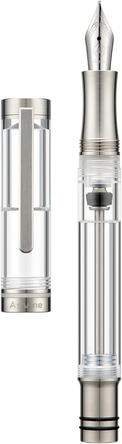 Asvine Vacuum Filling Fountain Pen Luxury Titanium Fine Point Pen V200 Series, Clear Demonstrator Smooth Writing Pen Gift Case