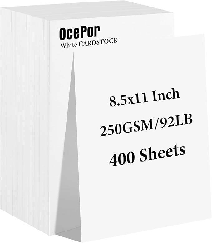 OcePor 400 Sheets White Cardstock 8.5” x 11”, 92lb/250gsm Card Stock, Thick Card Stock Paper, Heavy Cardstock Paper for Printer, Resume, Scrapbooks, Art, Crafts, Business Cards