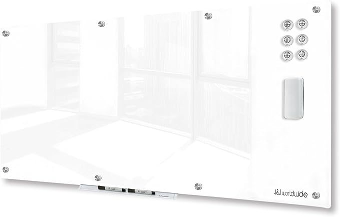 J&J worldwide Glass Whiteboard, Magnetic Brilliance White Glass Dry Erase Board 8' x 4', Includes Markers, Marker Tray, Eraser for Wall, Office, Home, School