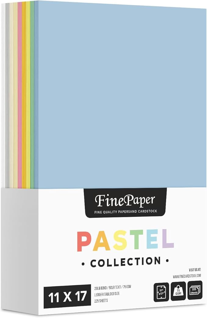 Assorted Pastel Colored Paper – Assortment of 9 Colors for Arts and Crafts, Invitations, Flyers, Posters, Decorations | Regular 20lb Bond (75gsm) | 11" x 17" | 25 Each Color (225 Sheets Total)