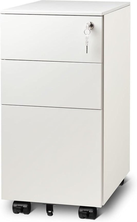 DEVAISE White File Cabinet, Small Filing Cabinet with 3 Drawers with Slim Width for Home Office, Rolling Under Desk Storage (11.8 inch)