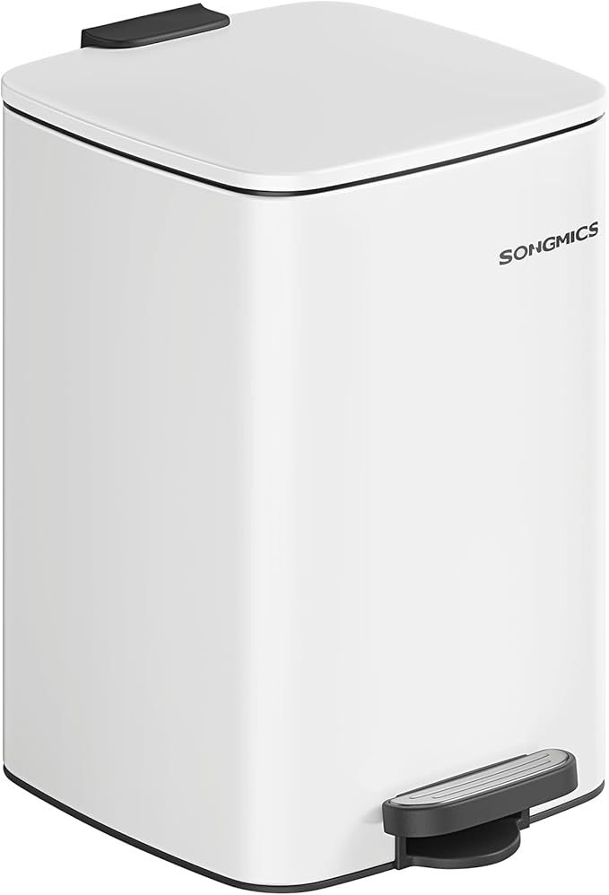 SONGMICS Kitchen Trash Can, 5.2-Gallon (20 L) Trash Bin, Stainless Steel Garbage Can, with Inner Bucket, Soft Close and Stays Open, Cloud White ULTB592W01