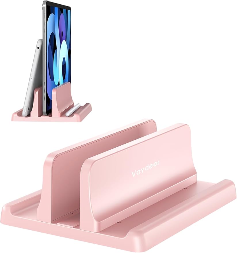 Vaydeer Vertical Laptop Stand Holder Plastic Adjustable Desktop Notebook Dock Space-Saving 3 in 1 for All MacBook Pro Air, Mac, HP, Dell, Microsoft Surface, Lenovo, up to 17.3 inches (Pink)