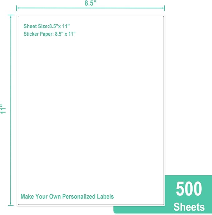 L LIKED 500 Sheets Matte Sticker Paper Full-Sheet 8-1/2" x 11" Self Adhesive Shipping Labels for Laser & Inkjet Printers, White (500 Labels)