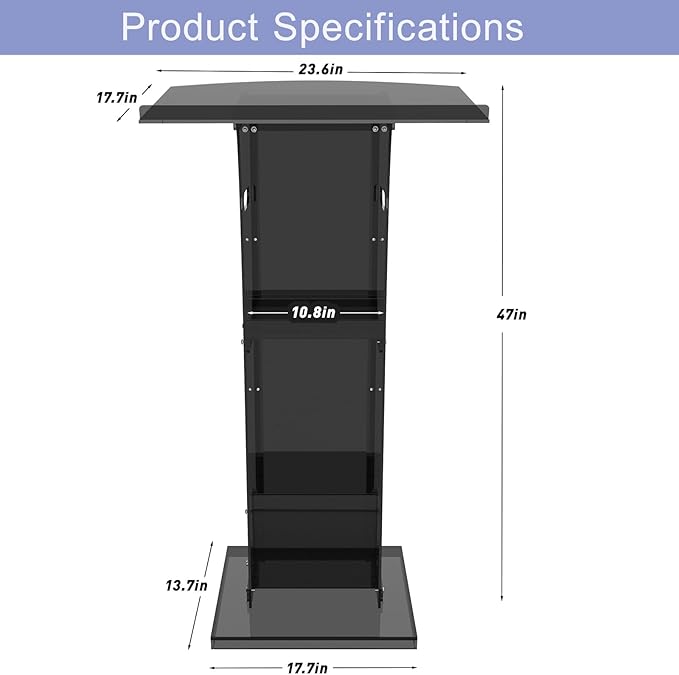 Acrylic Podium Stand with Storage Shelf,Black Lecterns & Podiums,Pulpits for Churches,Conference,Speeches,Weddings,Classroom,Concert,47" H Professional Presentation Podiums