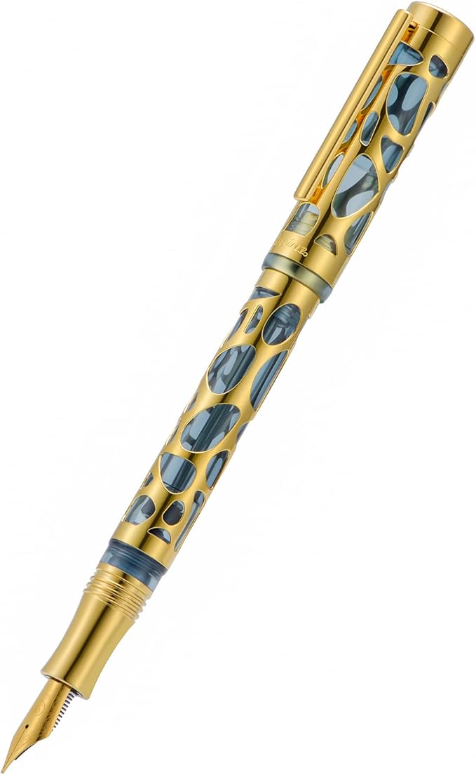 Asvine V169 Vacuum Filling Fountain Pen Fine Nib, Water Drop Skeleton Gold Trim Transparent Gray Blue Acrylic Pen Case Set