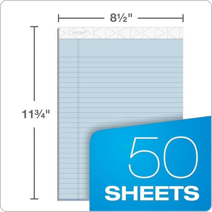 TOPS Prism Writing Pads, 8-1/2" x 11-3/4", Legal Rule, Blue, Perforated, 50 Sheets, 12 Pack (63120)