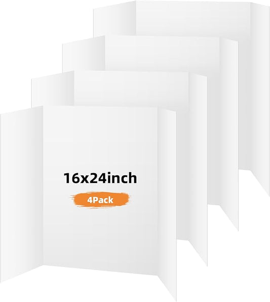 4 Pack Trifold Poster Board, 16x24 Inches White Presentation Board, Portable Display Board for Science Fair, School DIY Project and Business Exhibitions