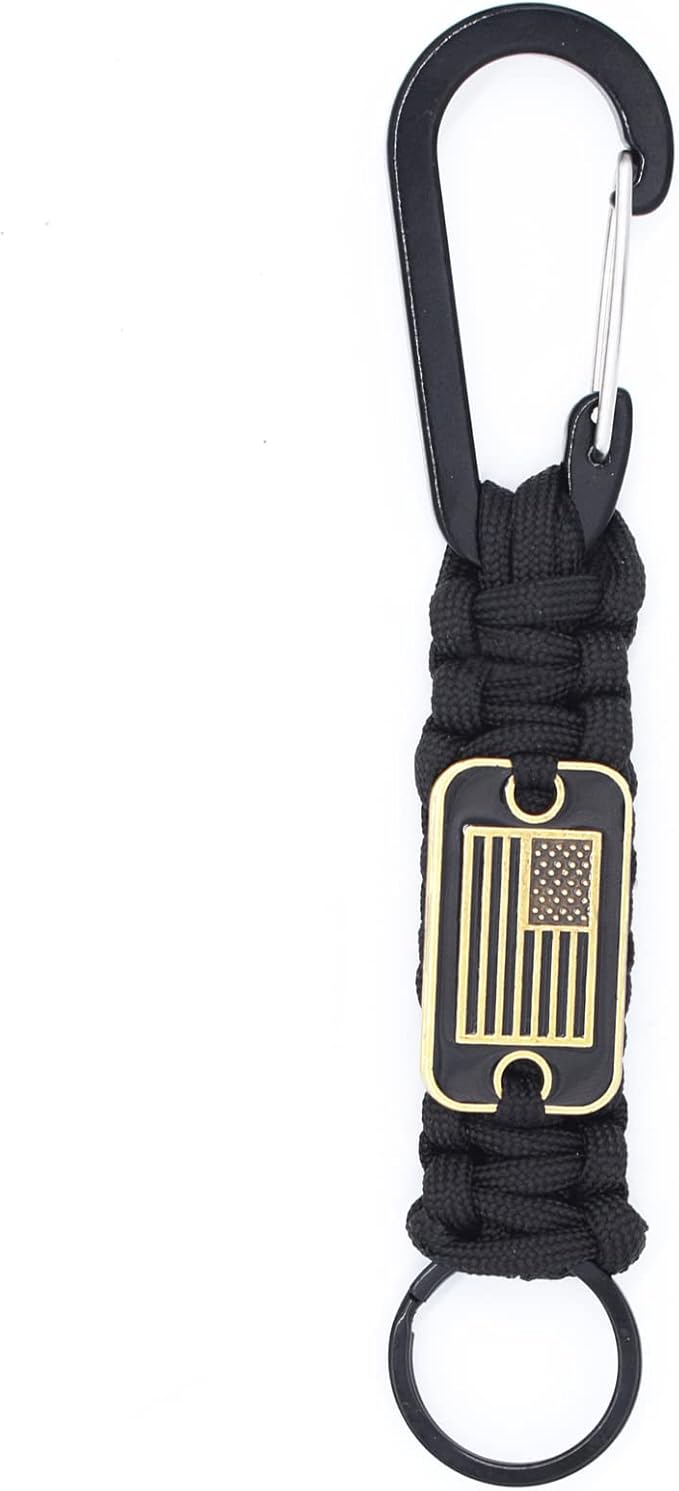 Paracord Keychain with USA Flag, Paracord Carabiner Keychain Clip, Braided Lanyard Utility Ring Hook Outdoor Camping Kit