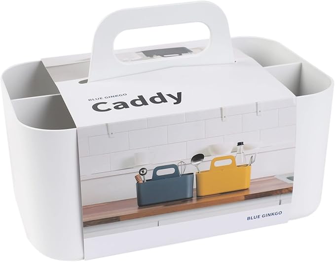 BLUE GINKGO Stackable Organizer Caddy – Korean-Made Portable Tote for Bathroom, Office, Crafts, or School Supplies (Rectangle, White)