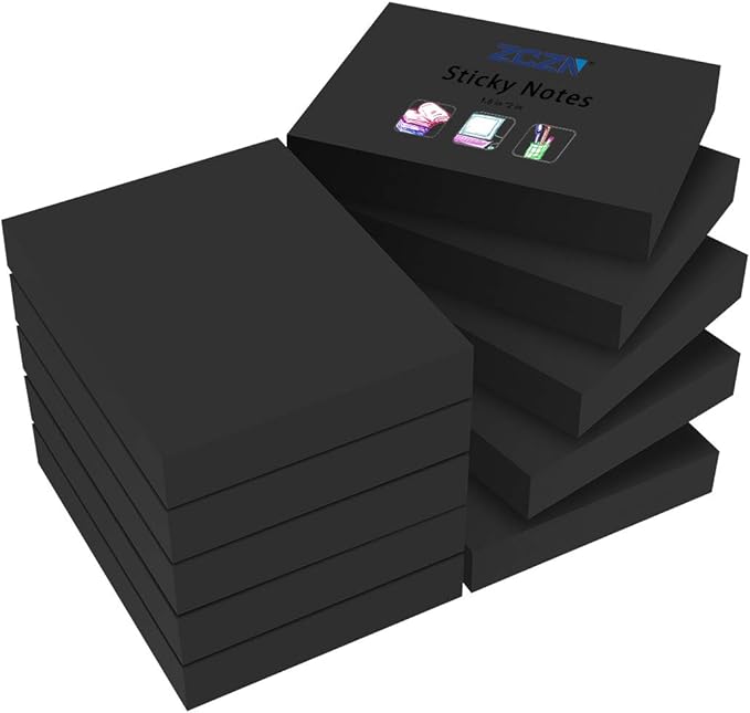 ZCZN Small Sticky Notes, 1.5in x 2in, 100 Sheets/Pad, 10 Pads/Pack, Black