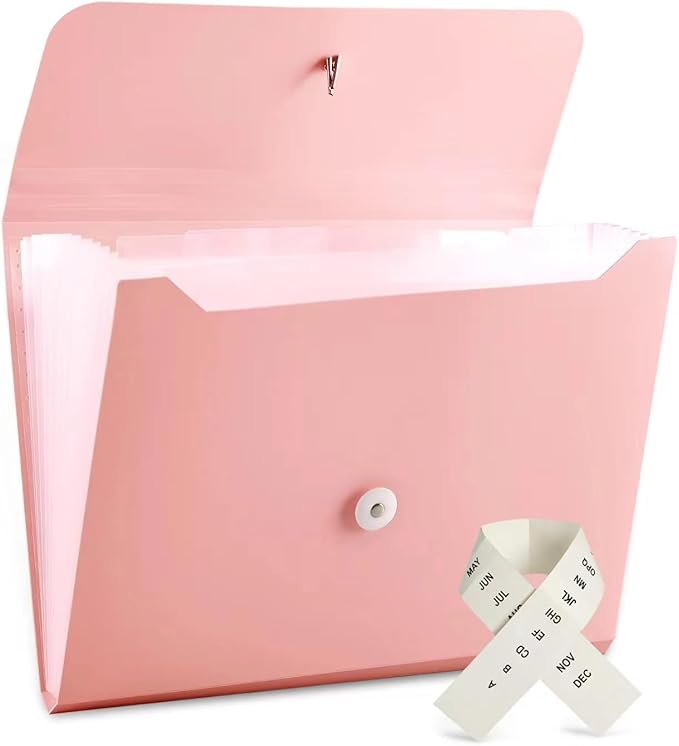 Expanding File Folder with 13 Pockets, 8.2in x 11in, Pink