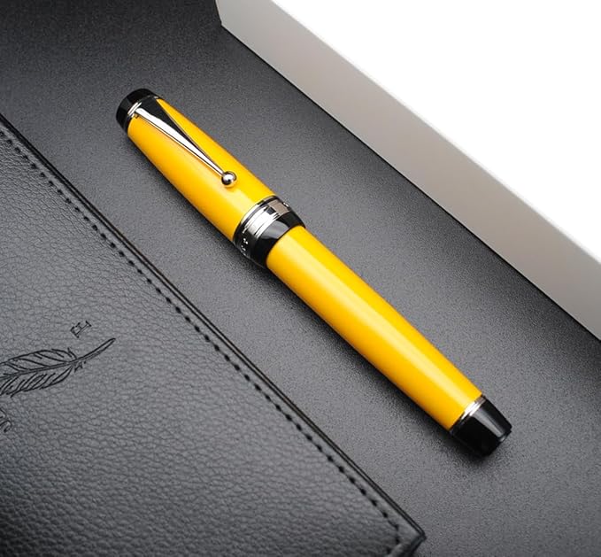 Metal Big Fountain Pen Set Medium Nib 0.7mm, Includes Ink Refill Converter, 5 Ink Cartridges & Gift Box (Medium Nib 0.7mm, Yellow with Silvery Clip)