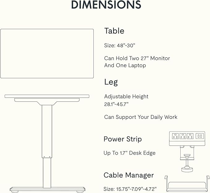 FLEXISPOT EN2 Whole-Piece Standing Desk with Clamp Power Strip, 48 x 30 Electric Stand Up Height Adjustable Desk with Cable Management (White Frame + 48" Black Top, 2 Packages)