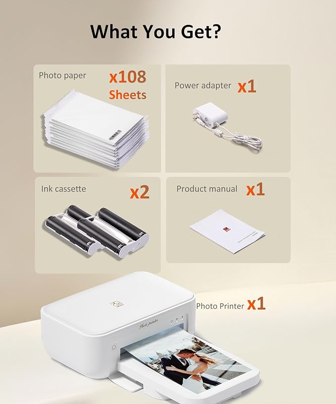 CP4100 4x6 Photo Printer with 108 Sheets & 2 Ribbons, Full-Color Thermal Dye Sublimation Wi-Fi Printing, Portable Instant Picture Printer for iPhone/Android, AR Video, Fun App, Home Use, White