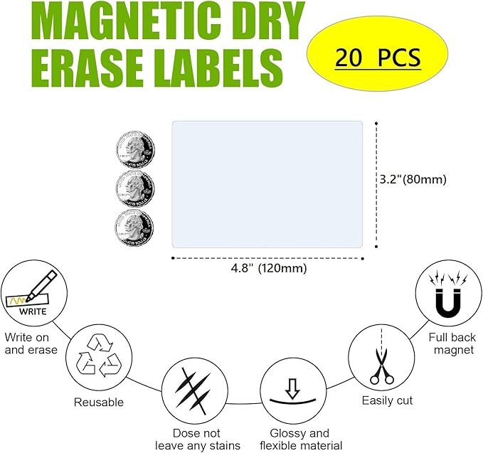 Dry Erase Big Magnetic Labels (4.8x3.2",Pack of 20),Large Write On Magnets Name Plates Sticker,Waterproof/Reusable for Refrigerator&Lockers&Whiteboard&Cabinet(Red)