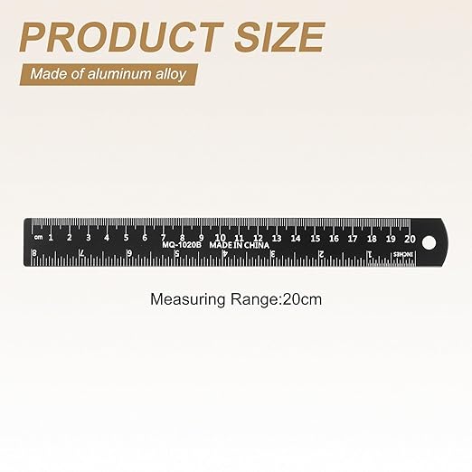 HARFINGTON 4pcs Metal Straight Ruler 20cm Metric SAE Aluminum Alloy Measuring Rulers Scale Tool with Hole for Measure Study Reading Classroom Office, Black