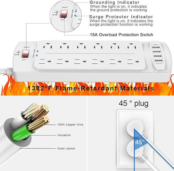 Power Strip, Tcstei Surge Protector with 12 Outlets and 4 USB Ports, 6 Feet Extension Cord (1875W/15A) for for Home, Office, Dorm Essentials, 2700 Joules, ETL Listed, (White)