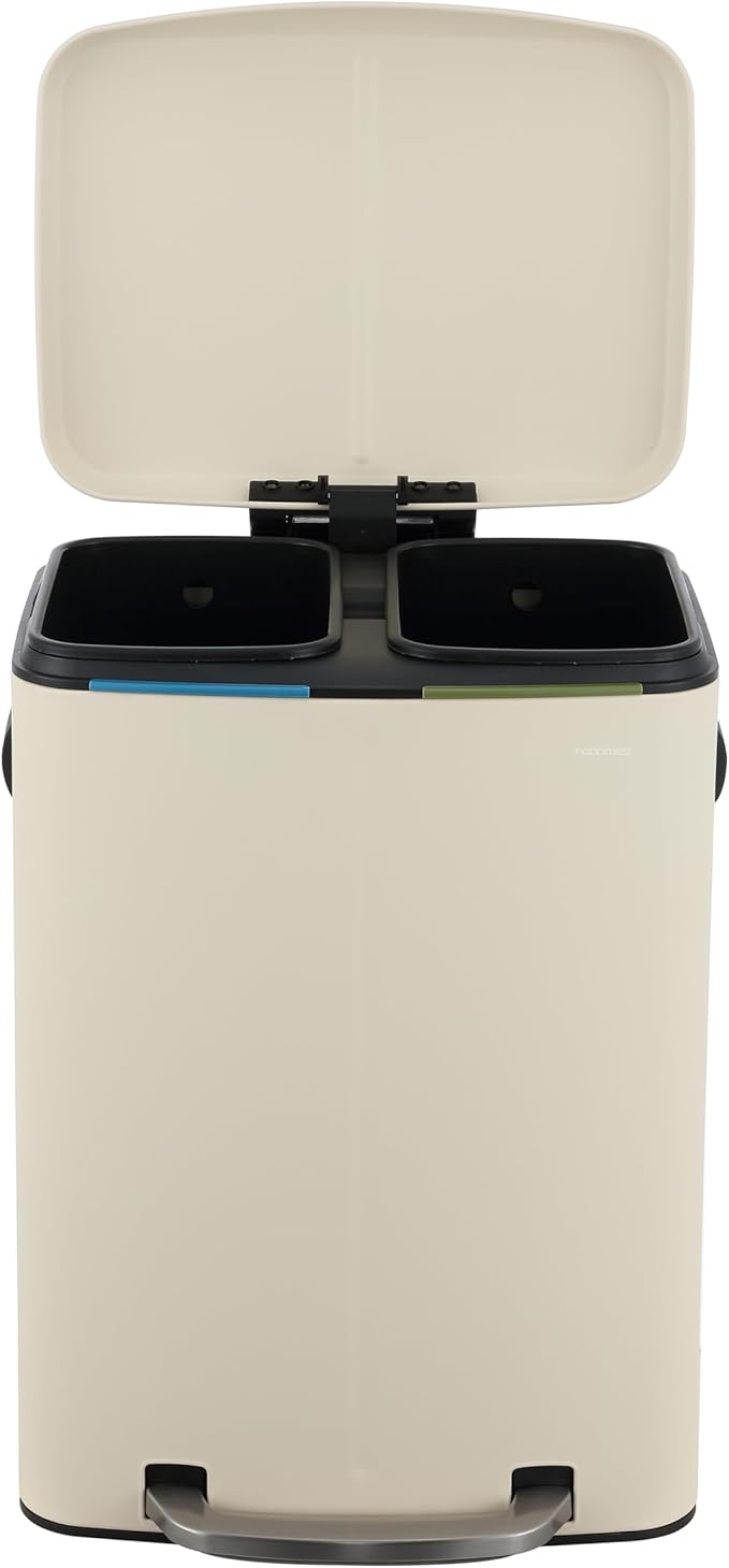 happimess HPM1005F Marco Rectangular 10.6-Gallon Double Bucket Trash Can with Soft-Close Lid, Fingerprint Resistant, Modern, Minimalistic for Home, Kitchen, Office, Bathroom, Limestone Beige