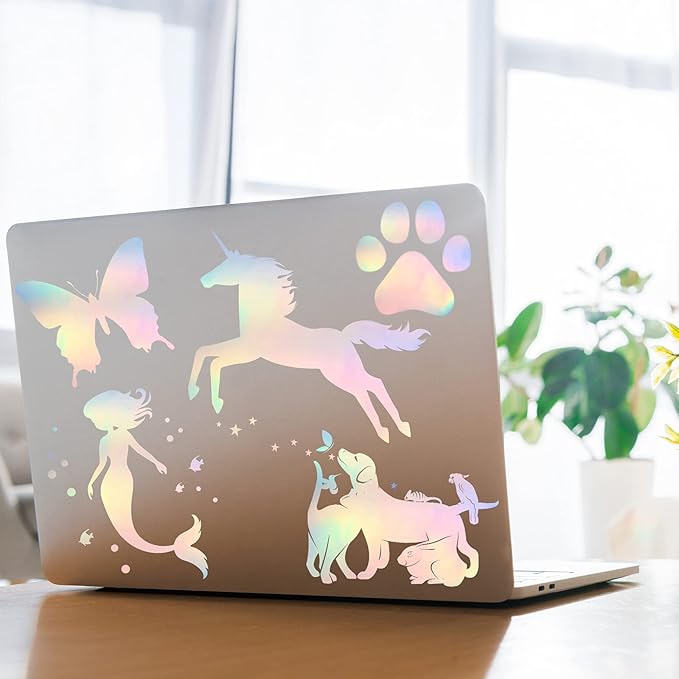 36 Sheets Holographic Sticker Paper Clear A4 Vinyl Sticker Paper Self Adhesive Waterproof Transparent Film Gem Rainbow Star Patterns, 11.7 x 8.3 Inch (Colorful)