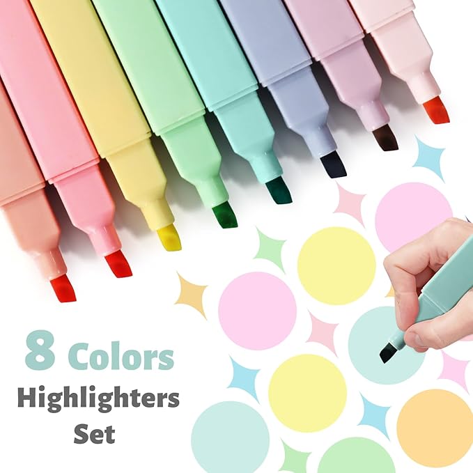 Vitoler Highlighters,8 Colors Chisel Tip Cute Highlighters,No Bleed Bible High lighters for Journaling Planner Notes School Supplies