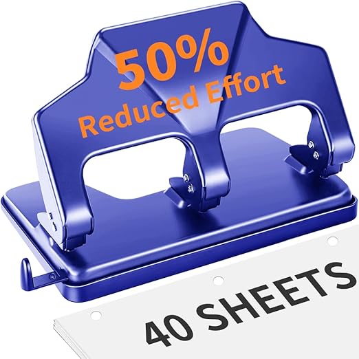 Heavy Duty 3 Hole Punch, 40-Sheet Heavy Duty Paper Punch, 50% Reduced Effort 3-Hole Punch, AFMAT Metal Hole Puncher 3 Ring, Three-Hole Paper Puncher w/Large Chip Tray for Classroom, Office, Blue