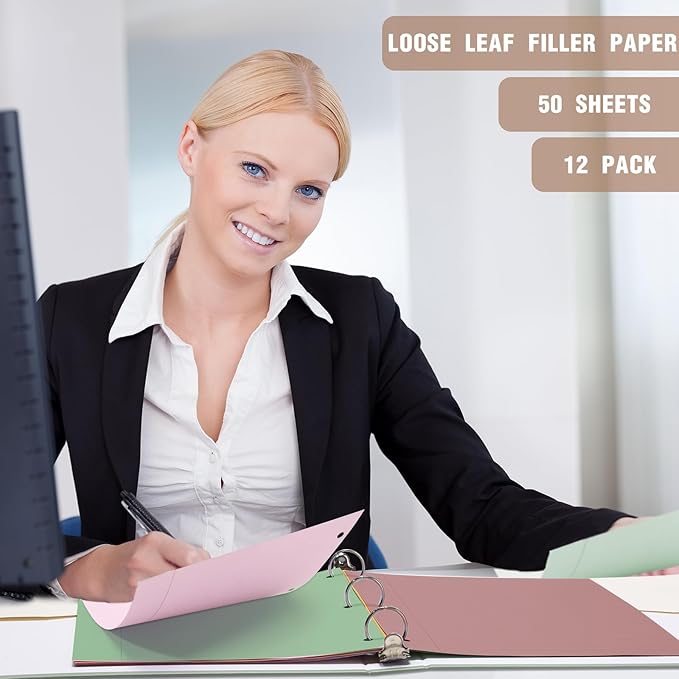 PerKoop 12 Pack 600 Sheets Colored Lined Paper Bulk Wide Ruled 8 x 10.5 Inches, Pastel Loose Leaf Notebook Paper 3 Hole Punched Filler for Back School Classroom Supplies(Morandi Color)