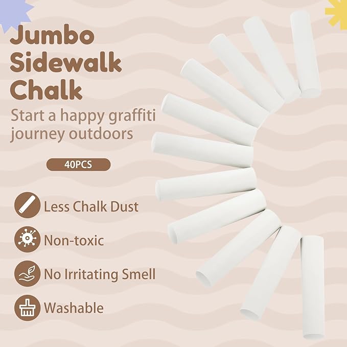 Fulmoon 40 Pcs Jumbo Sidewalk Chalk for Kids Outdoor Art Non Toxic Large Washable Street Chalk for Adults Drawing Painting Classroom(White,Round Style)