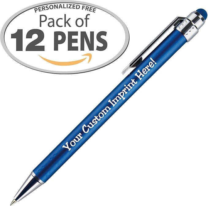 Personalized Pens with Stylus Tip -Bright Vibes- Click action - Custom - Black writing - Printed Name pens - Imprinted with Your Logo or Message - FREE PERSONALIZATION - 12 Pens/Box (Blue)
