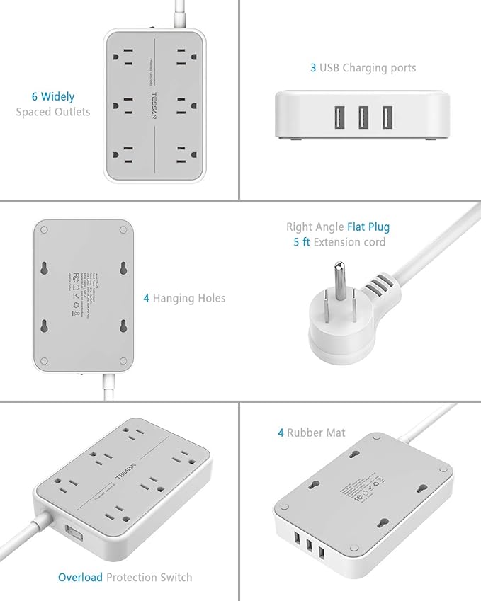 Power Strip Surge Protector Plug, TESSAN 15 FT Extension Cord with Multiple Outlets, 1080J Protection, 6 AC Outlets 3 USB Ports (3 USB A), Wall Mount for Home Office School Dorm Room Supplies
