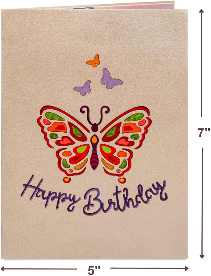Paper Love 3D Pop Up Birthday Card, Butterfly, For Adults and Kids - 5"x7" Cover - Includes Envelope and Note Tag