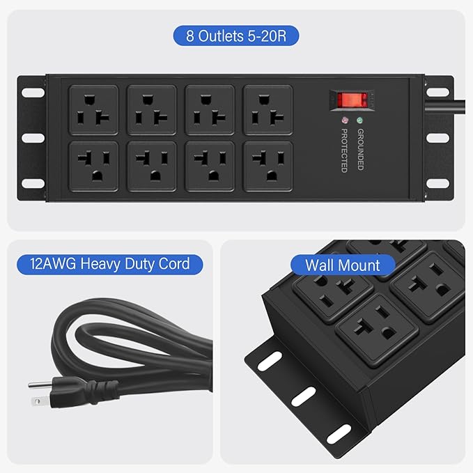 CCCEI Magnetic Heavy Duty Power Strip Surge Protector 20Amp, 12 Gauge High Amp Extension Outlets, Garage Wall Mount 8 Plug Metal Power Strip. 6FT, Black, 5-15P Adapter 6-20R T-Slot 20a for Appliance