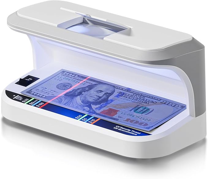 Portable Counterfeit Bill Detector with 8X Magnifying, 2 LED UV Light, Large Watermark Area for Money, IDs and Credit Cards