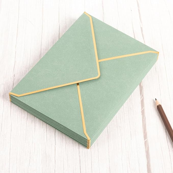 50 Pack A6 Envelopes Sage Green 4x6 Self-Adhesive V Flap Envelopes with Gold Border for Office, Greeting Card, Wedding, Graduation, Baby Shower, Parties, Invitations (Sage Green, 4x6)